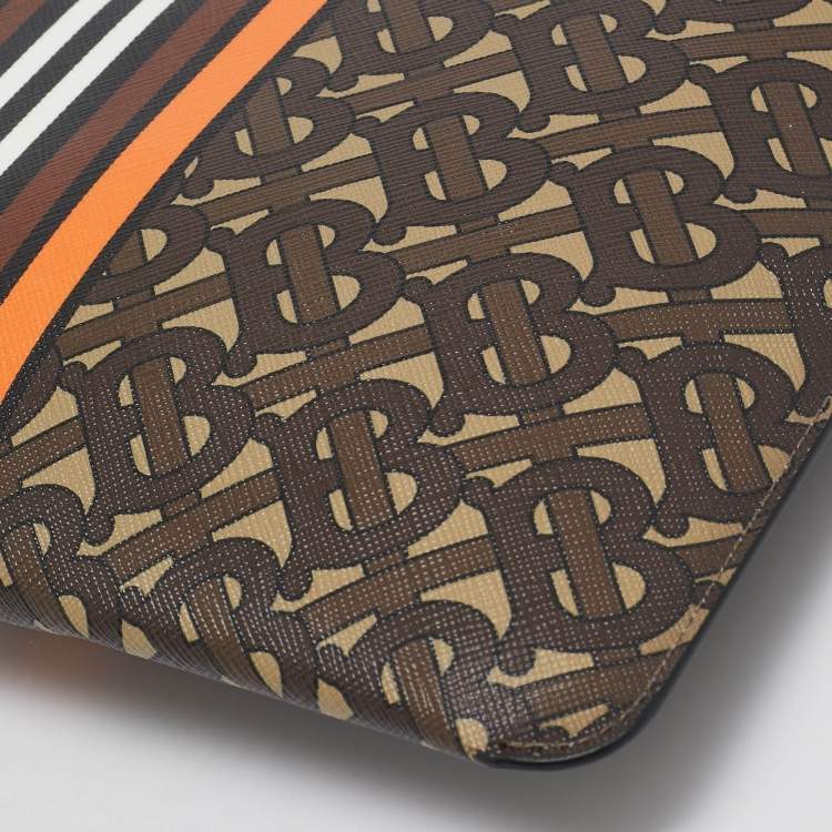 Pre Owned Burberry Orange/Brown TB Monogram Coated Canvas Stripe Zip Pouch