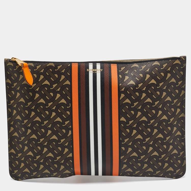 Pre Owned Burberry Orange/Brown TB Monogram Coated Canvas Stripe Zip Pouch