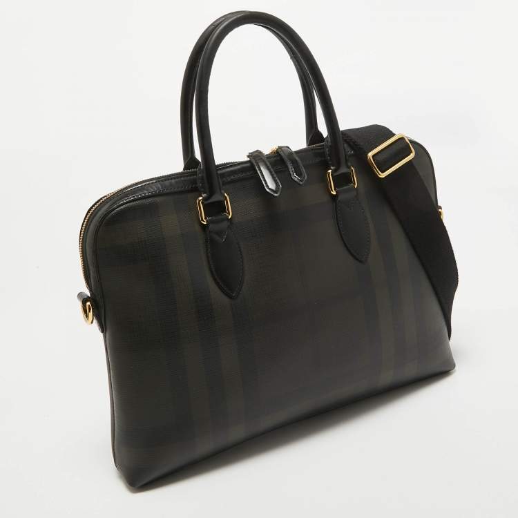 Pre Owned Burberry Smoked Check Coated Canvas and Leather The Barrow Briefcase Bag