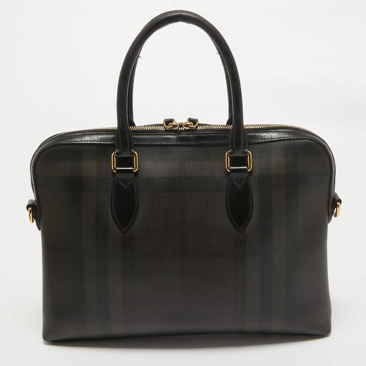 Pre Owned Burberry Smoked Check Coated Canvas and Leather The Barrow Briefcase Bag