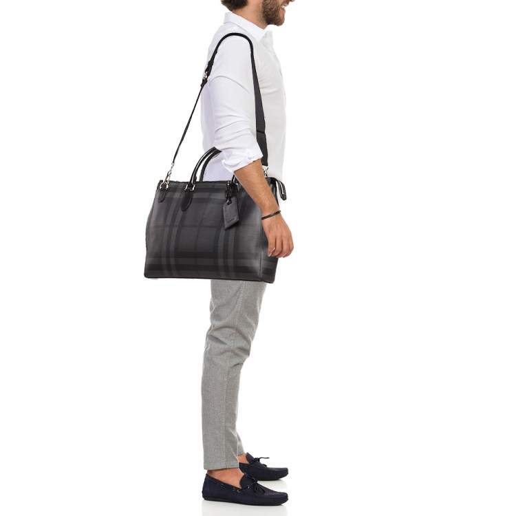 Pre Owned Burberry Black/Smoke Check Coated Canvas Laptop Bag