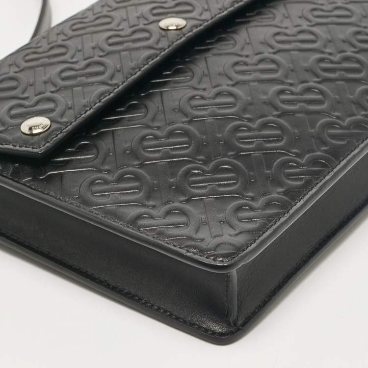 Pre Owned Burberry Black TB Embossed Leather Messenger Bag