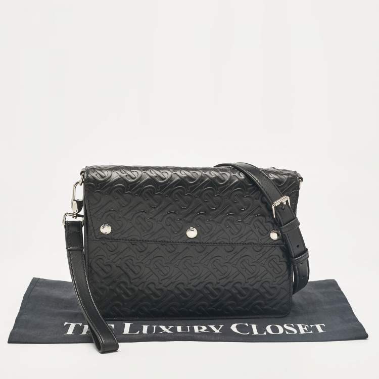 Pre Owned Burberry Black TB Embossed Leather Messenger Bag