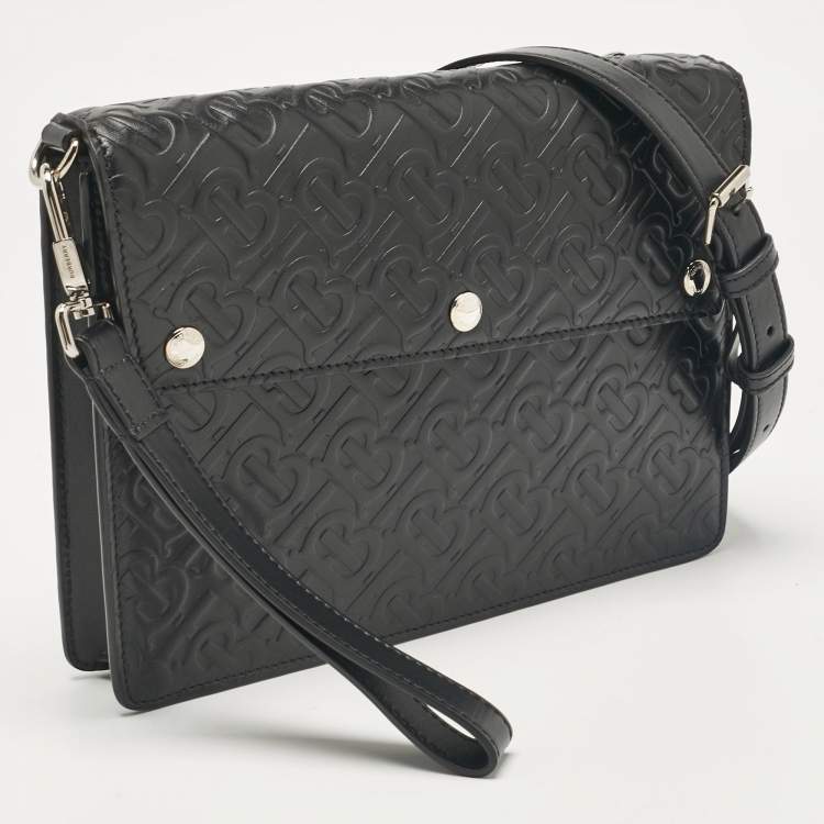 Pre Owned Burberry Black TB Embossed Leather Messenger Bag
