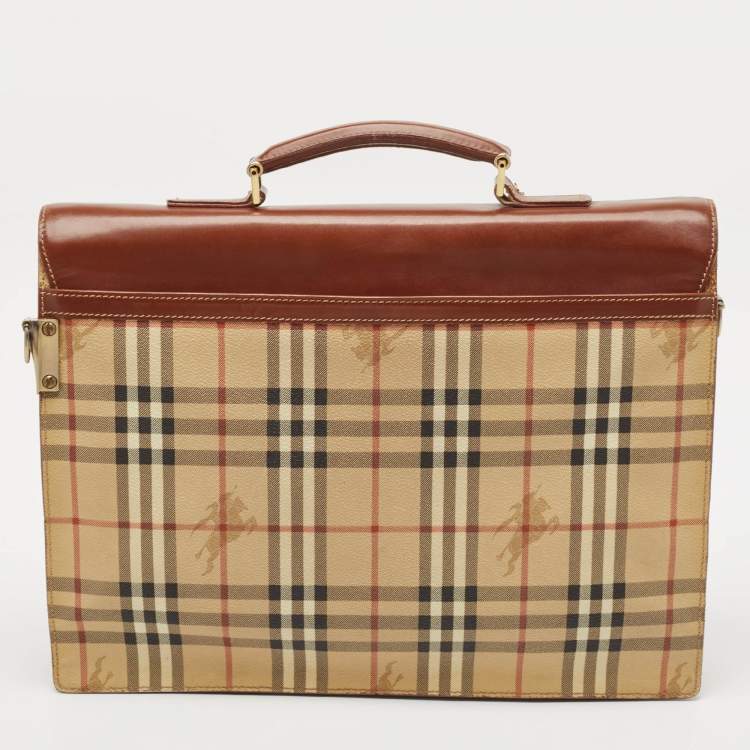 Pre Owned Burberry Brown/Beige Haymarket Coated Canvas and Leather Briefcase