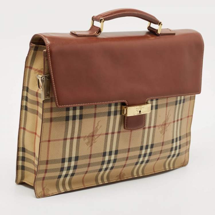 Pre Owned Burberry Brown/Beige Haymarket Coated Canvas and Leather Briefcase
