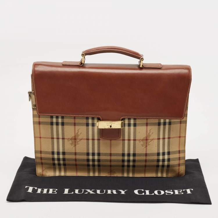 Pre Owned Burberry Brown/Beige Haymarket Coated Canvas and Leather Briefcase