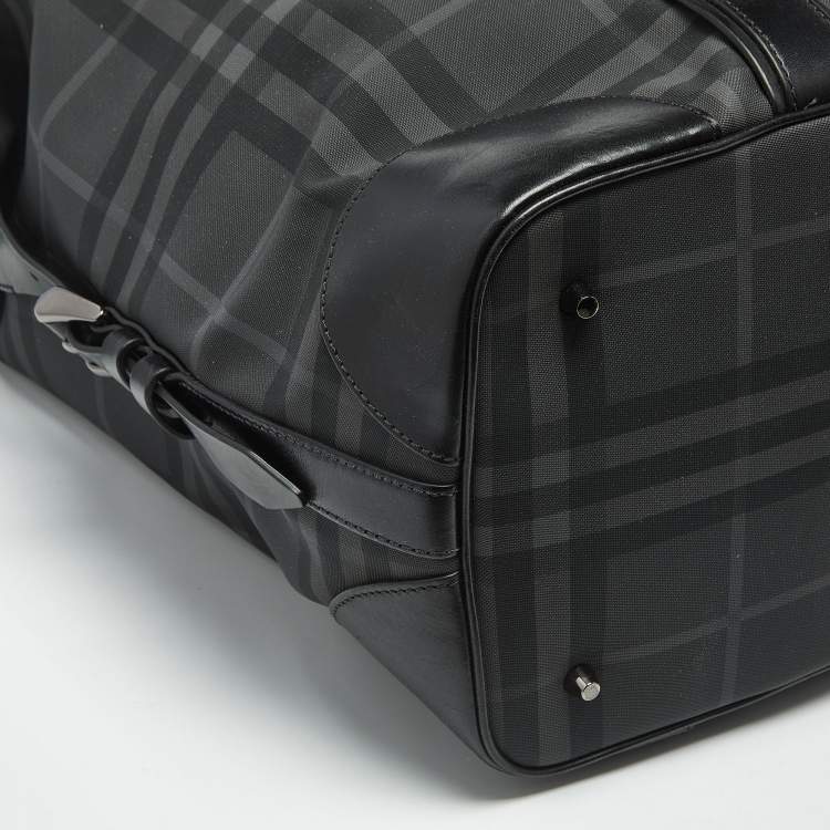 Pre Owned Burberry Black Check Coated Canvas and Leather Duffle Bag