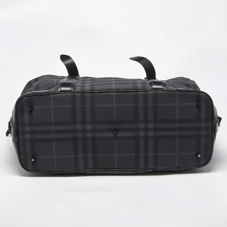 Pre Owned Burberry Black Check Coated Canvas and Leather Duffle Bag