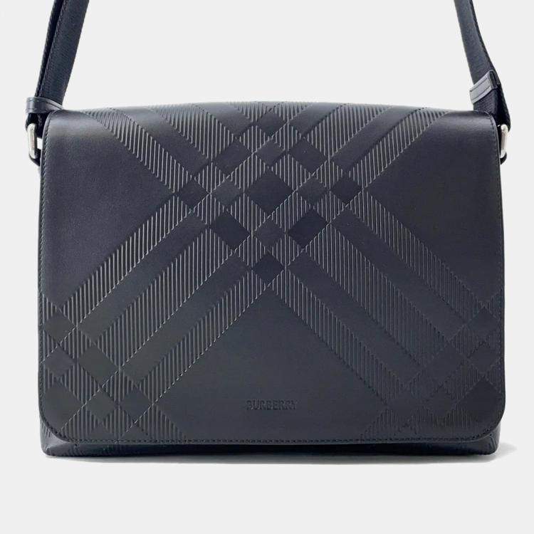 Pre Owned Burberry Embossed Check Black Calf Leather Messenger Bag
