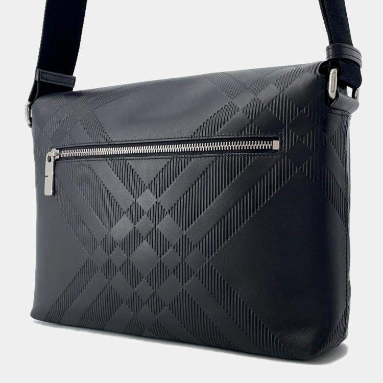 Pre Owned Burberry Embossed Check Black Calf Leather Messenger Bag