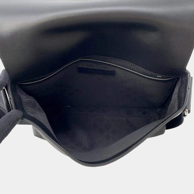Pre Owned Burberry Embossed Check Black Calf Leather Messenger Bag