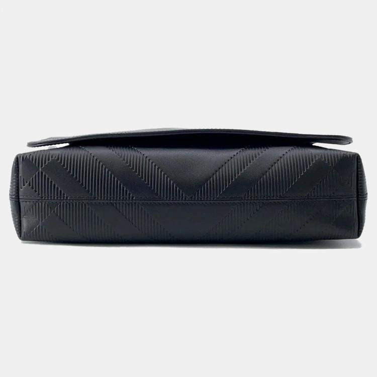 Pre Owned Burberry Embossed Check Black Calf Leather Messenger Bag