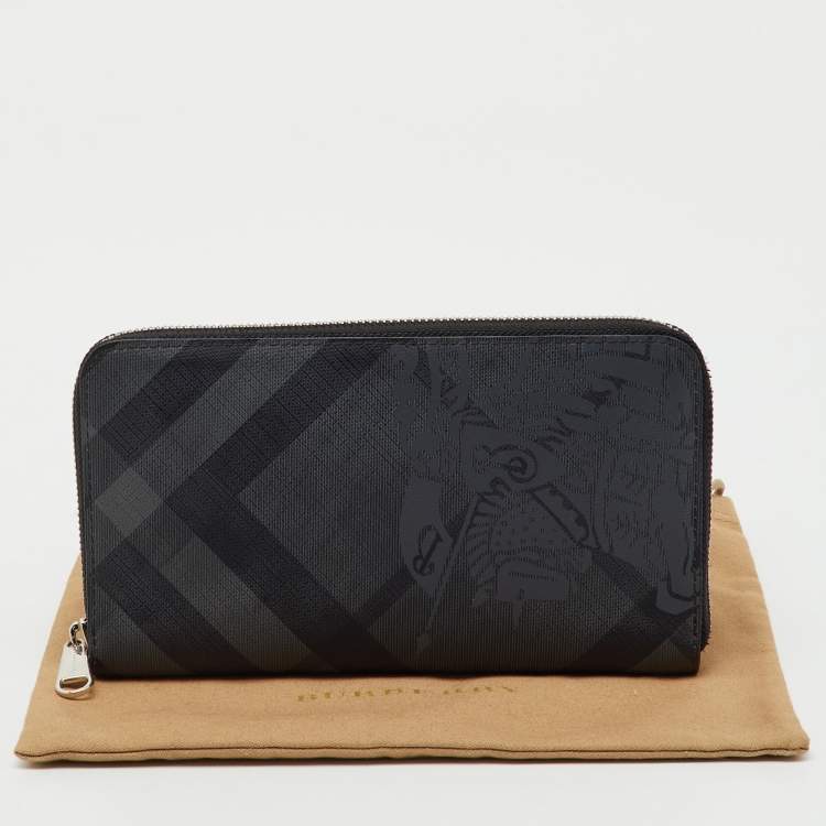 Pre Owned Burberry Black/Grey Coated Canvas Check Logo Print Zip Around Wallet