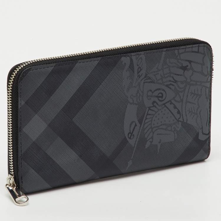 Pre Owned Burberry Black/Grey Coated Canvas Check Logo Print Zip Around Wallet