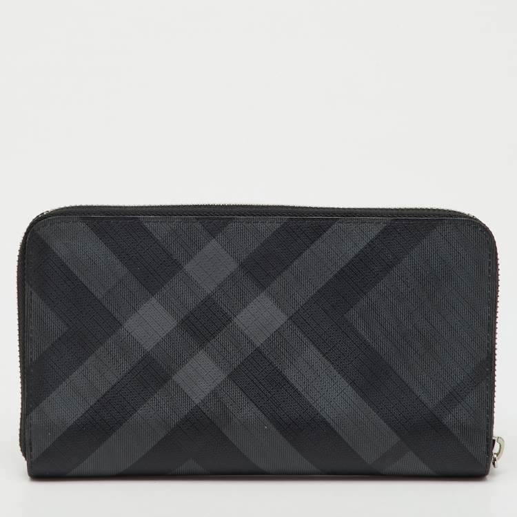 Pre Owned Burberry Black/Grey Coated Canvas Check Logo Print Zip Around Wallet