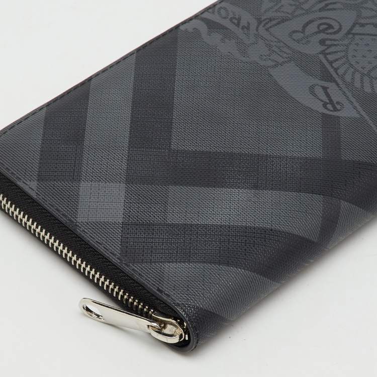 Pre Owned Burberry Black/Grey Coated Canvas Check Logo Print Zip Around Wallet