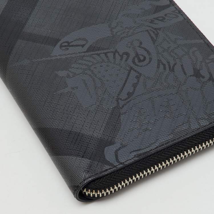 Pre Owned Burberry Black/Grey Coated Canvas Check Logo Print Zip Around Wallet