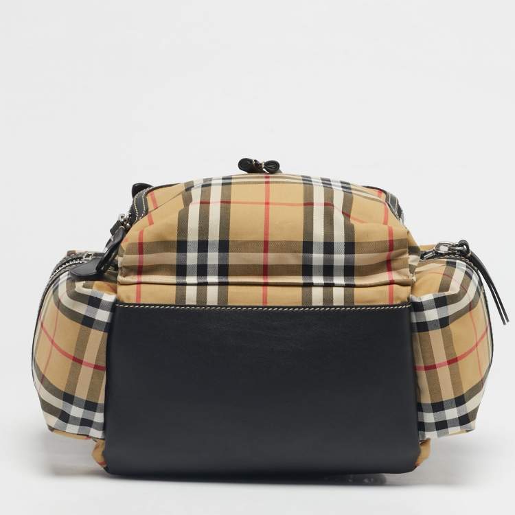 Pre Owned Burberry Beige/Black House Check Fabric and Leather Rucksack Backpack