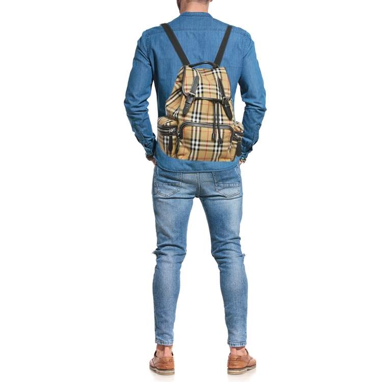 Pre Owned Burberry Beige/Black House Check Fabric and Leather Rucksack Backpack