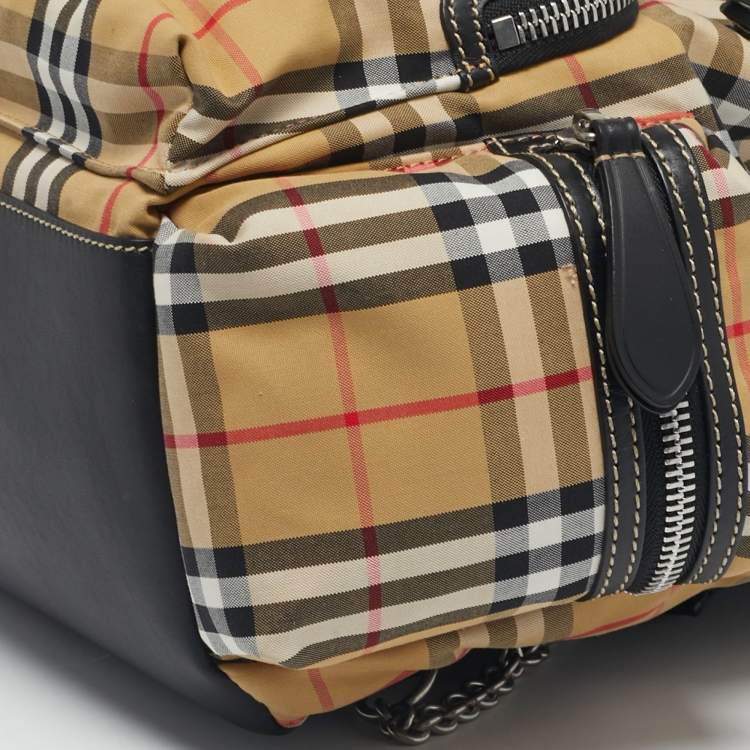 Pre Owned Burberry Beige/Black House Check Fabric and Leather Rucksack Backpack