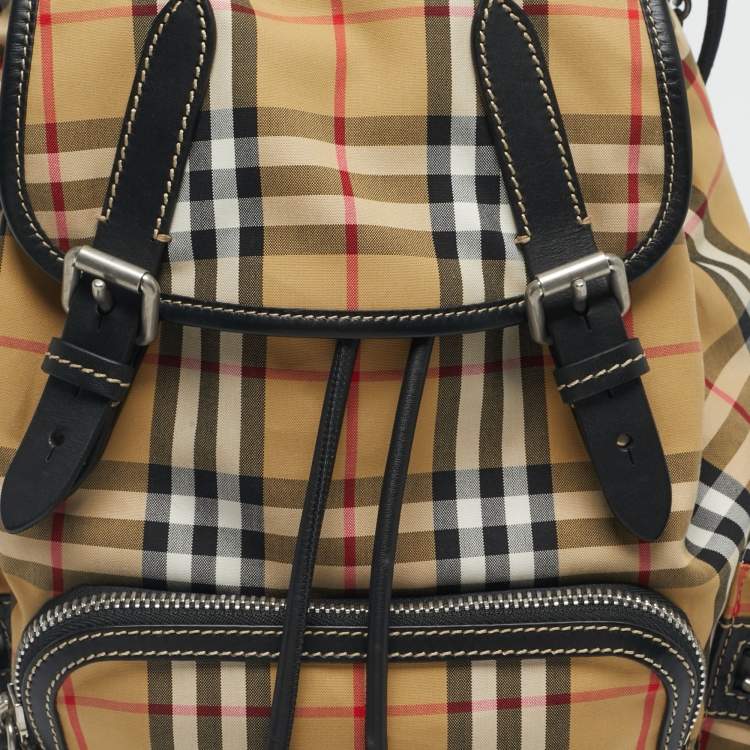 Pre Owned Burberry Beige/Black House Check Fabric and Leather Rucksack Backpack