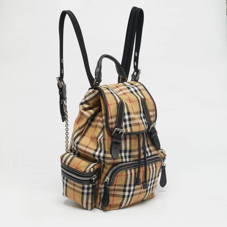 Pre Owned Burberry Beige/Black House Check Fabric and Leather Rucksack Backpack