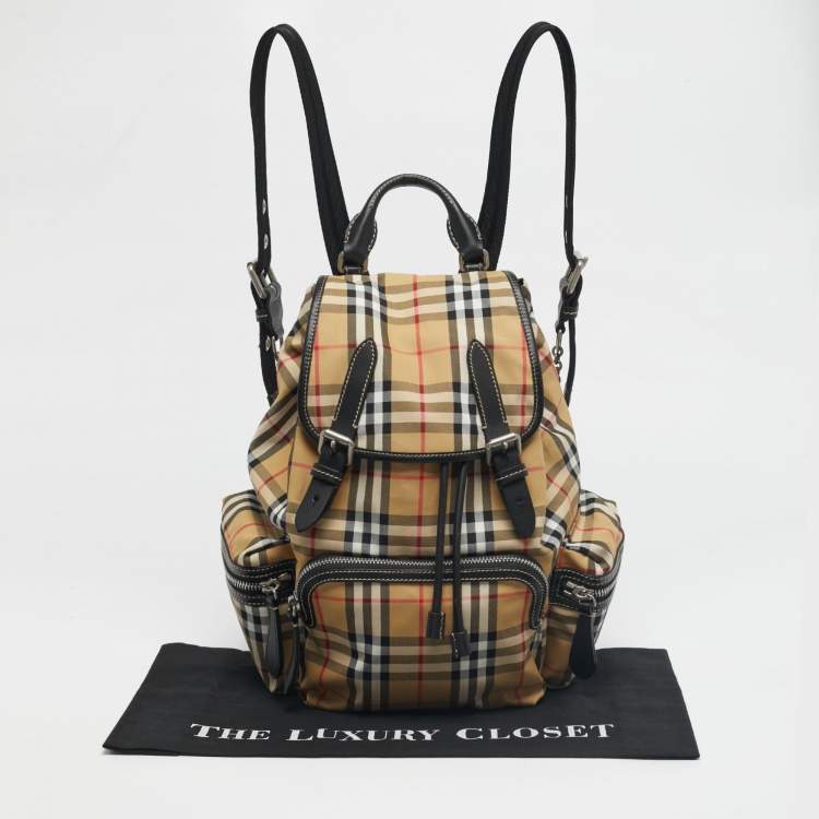 Pre Owned Burberry Beige/Black House Check Fabric and Leather Rucksack Backpack