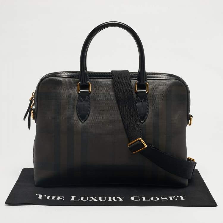 Pre Owned Burberry Brown/Black Smoked Check Coated Canvas and Leather The Barrow Briefcase
