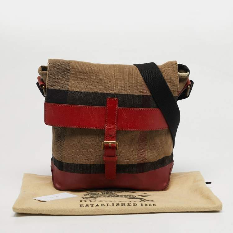 Pre Owned Burberry Baildon Red/Brown Mega Check Canvas Messenger Bag