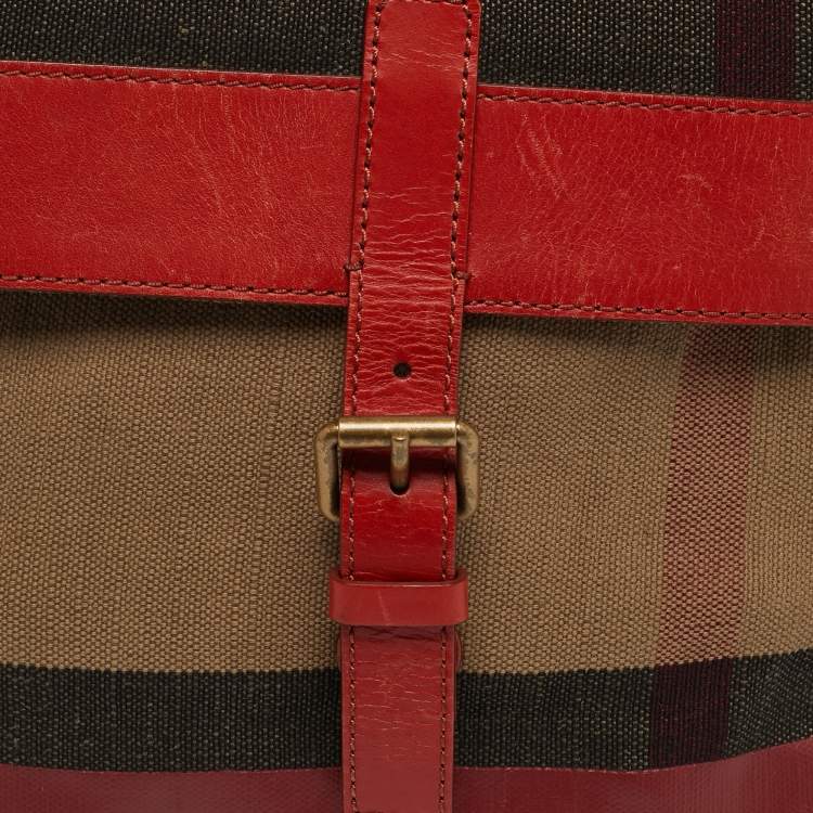 Pre Owned Burberry Baildon Red/Brown Mega Check Canvas Messenger Bag