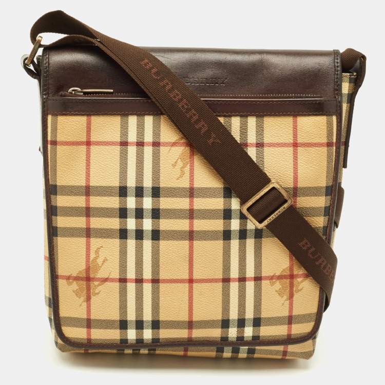 مملوكة مسبقًا Burberry Brown/Beige Haymarket Coated Canvas Flap Messenger Bag