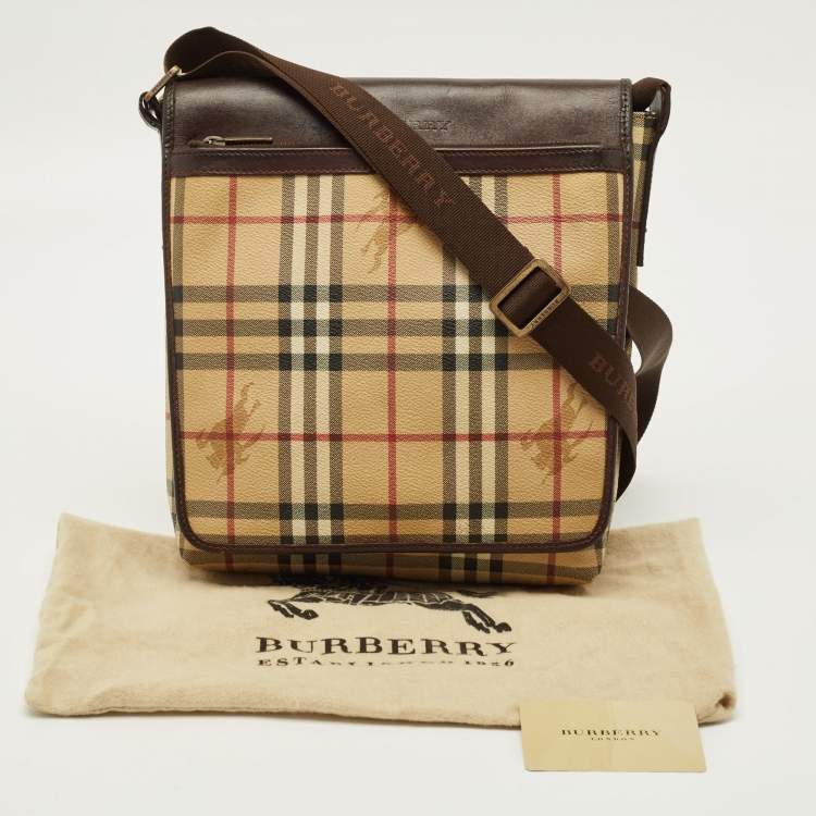 مملوكة مسبقًا Burberry Brown/Beige Haymarket Coated Canvas Flap Messenger Bag