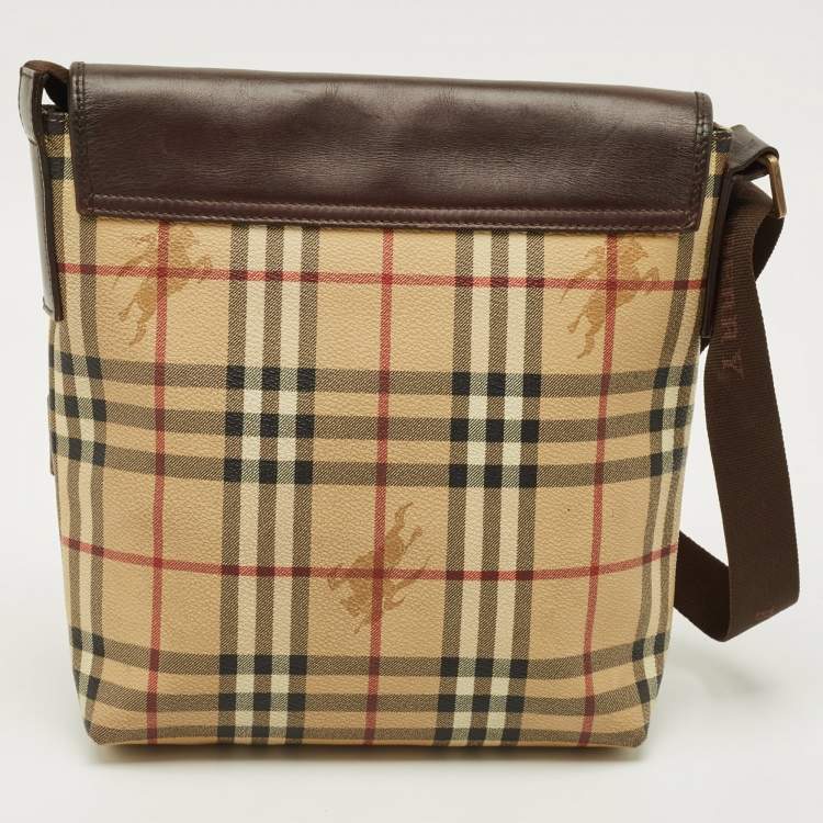 مملوكة مسبقًا Burberry Brown/Beige Haymarket Coated Canvas Flap Messenger Bag