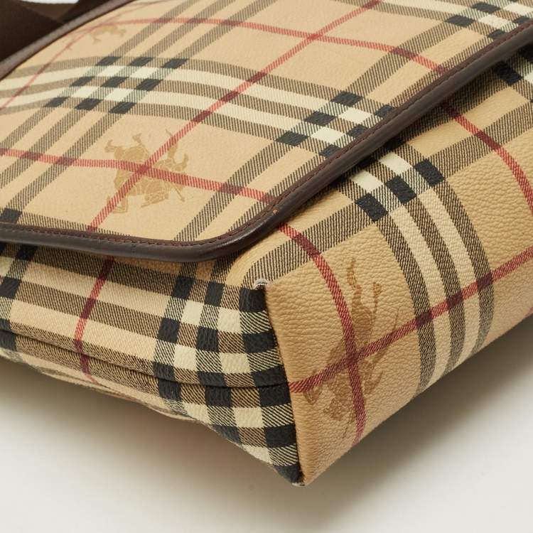 مملوكة مسبقًا Burberry Brown/Beige Haymarket Coated Canvas Flap Messenger Bag