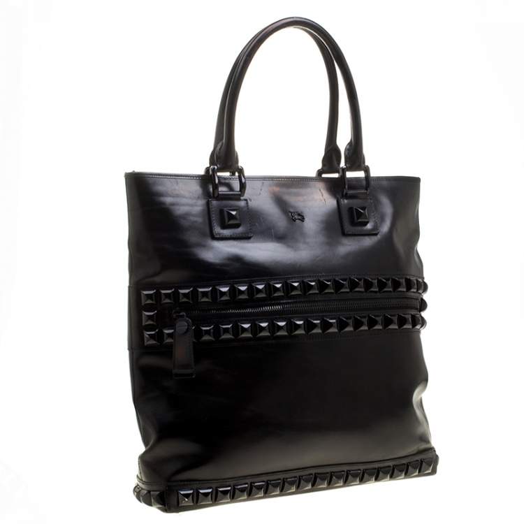Pre Owned Burberry Black Glazed Leather Studded Tote 