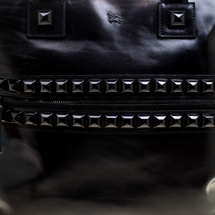Pre Owned Burberry Black Glazed Leather Studded Tote 