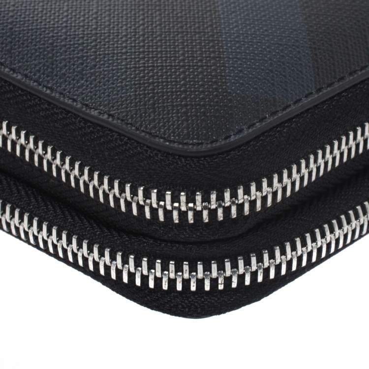 Pre Owned Burberry Navy Blue Coated Canvas Reeves Double Zip Wallet
