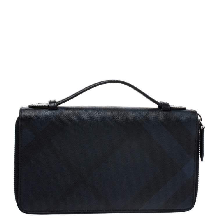 Pre Owned Burberry Navy Blue Coated Canvas Reeves Double Zip Wallet
