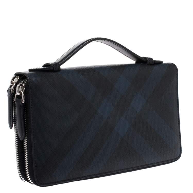 Pre Owned Burberry Navy Blue Coated Canvas Reeves Double Zip Wallet