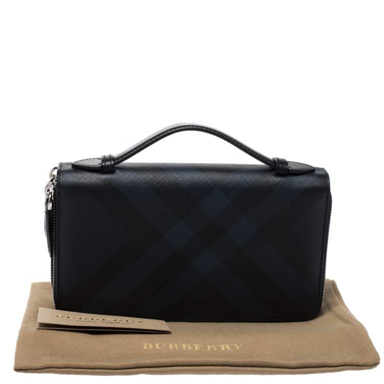 Pre Owned Burberry Navy Blue Coated Canvas Reeves Double Zip Wallet