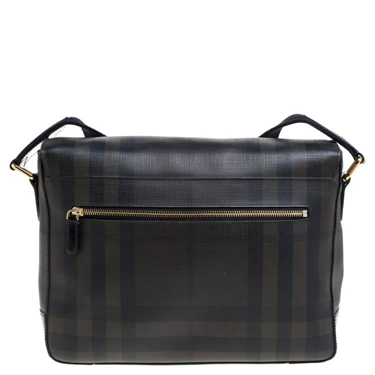 Pre Owned Burberry Grey Smoked Check PVC and Leather Hendley Messenger Bag