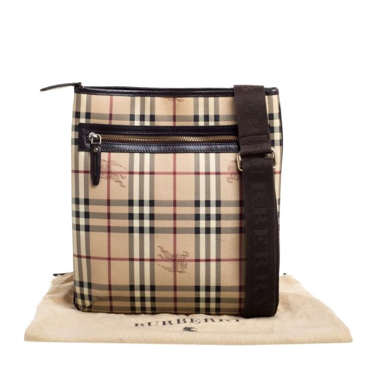 Pre Owned Burberry Beige/Brown Haymarket Check Coated Canvas Pocket Zip Messenger Bag
