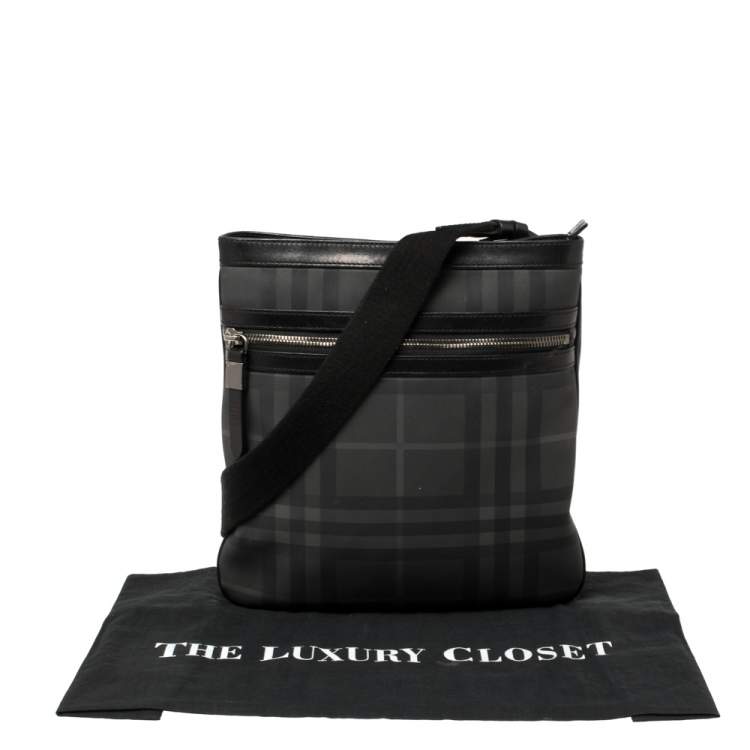 Pre Owned Burberry Black London Check Coated Canvas and Leather Slim Messenger Bag
