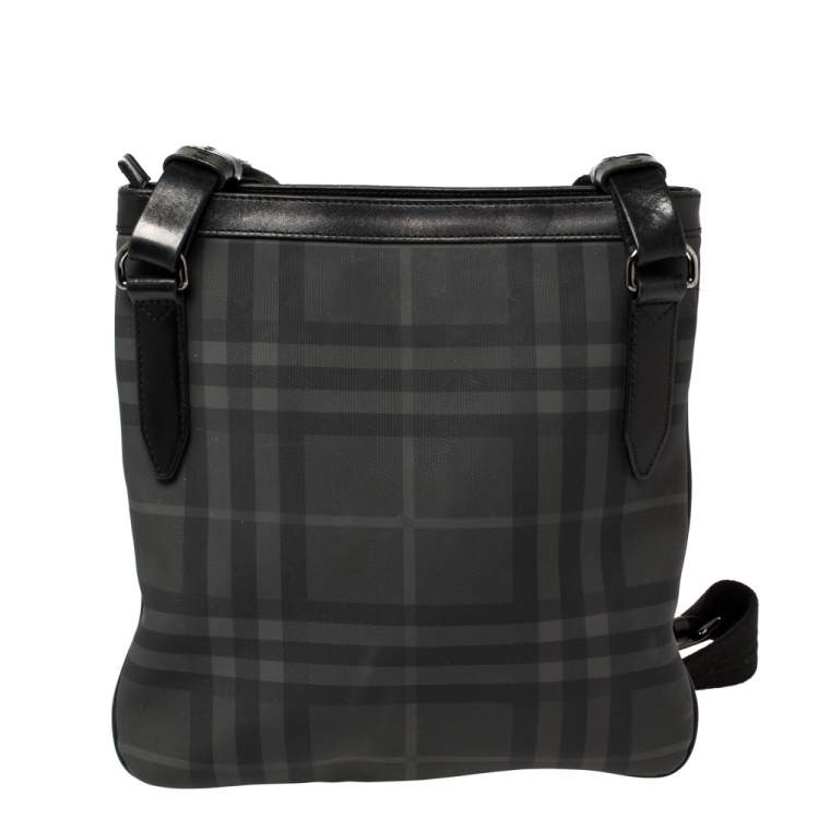 Pre Owned Burberry Black London Check Coated Canvas and Leather Slim Messenger Bag
