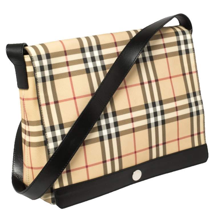Pre Owned Burberry Beige/Black Nova Check Coated Canvas and Leather Messenger Bag