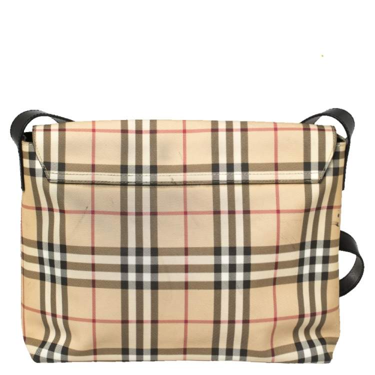 Pre Owned Burberry Beige/Black Nova Check Coated Canvas and Leather Messenger Bag