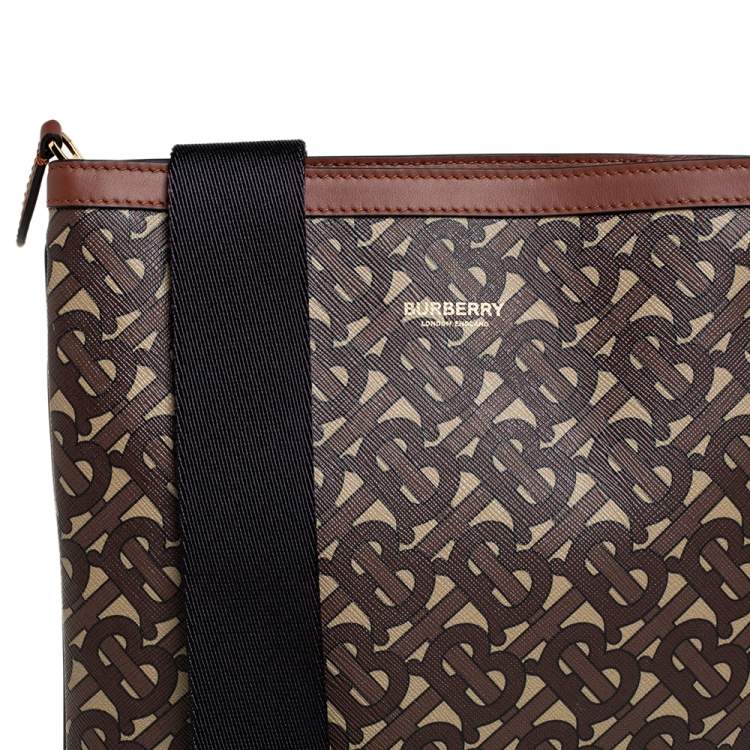 Pre Owned Burberry Brown TB Monogram Coated Canvas and Leather Trim Messenger Bag