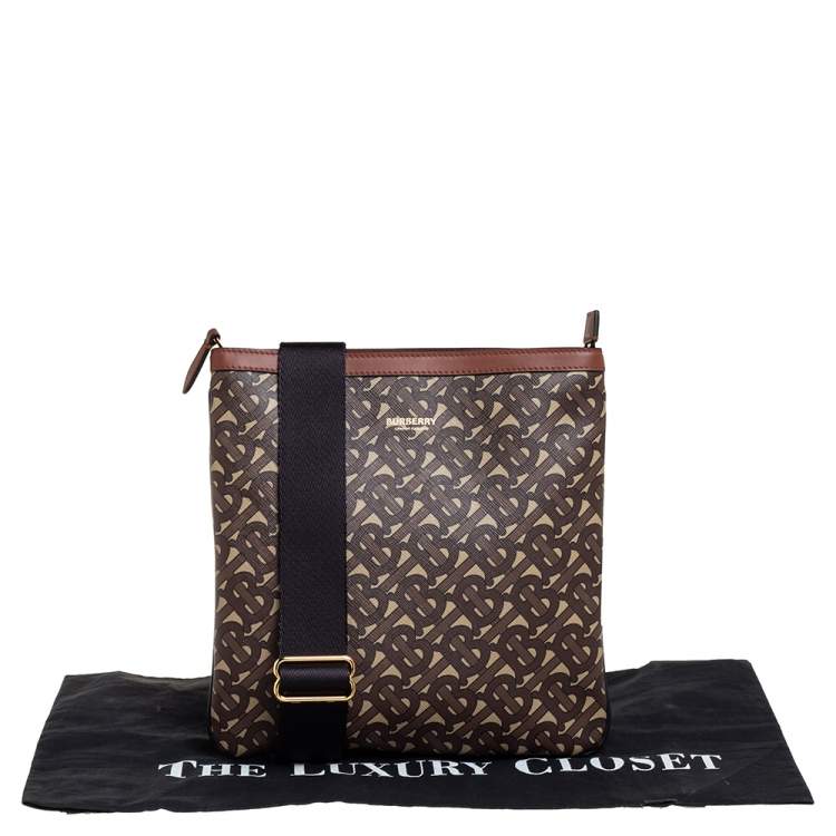 Pre Owned Burberry Brown TB Monogram Coated Canvas and Leather Trim Messenger Bag