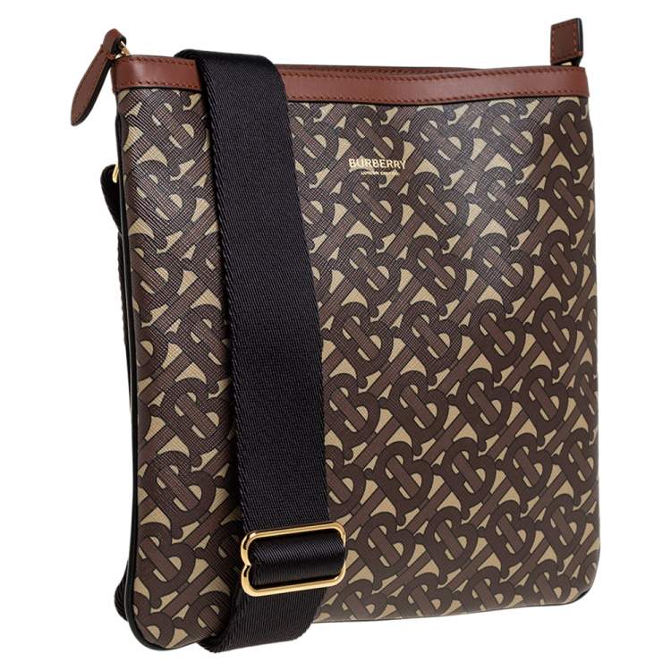 Pre Owned Burberry Brown TB Monogram Coated Canvas and Leather Trim Messenger Bag